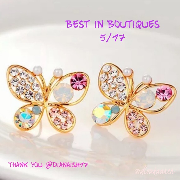 Multicolored Crystal/Pearl Butterfly Earrings Post - Picture 3 of 5